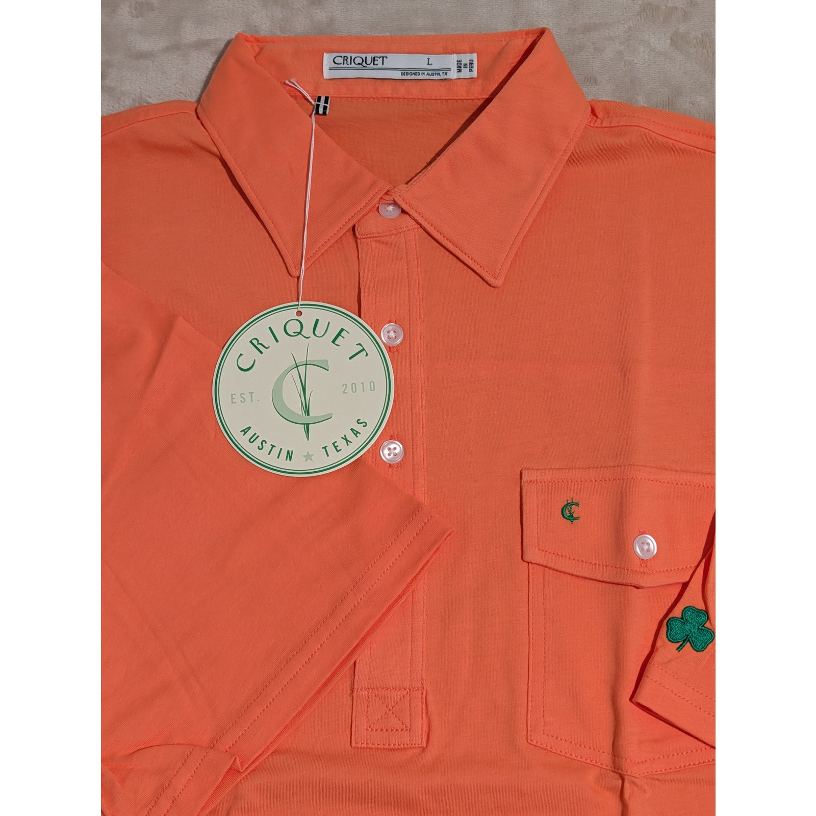 Criquet Mens Player Polo Shirt Orange Large Embroidered Organic Cotton Golf Nwt